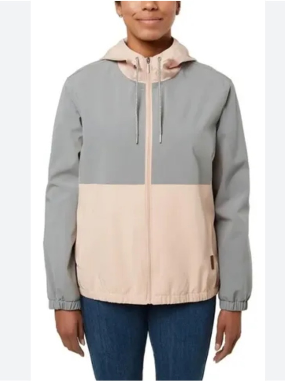 VOYAGER Colorblock Hooded Bomber Jacket in Light Gray and Pale Pink L